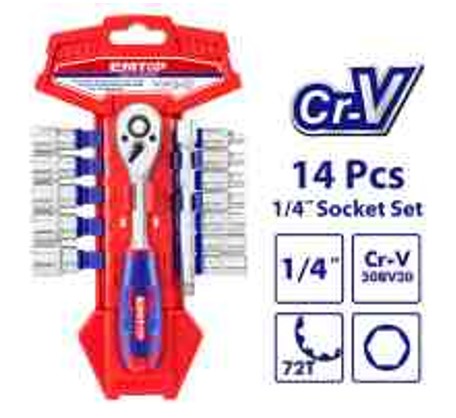 Complete Professional 14 Piece 1/4 inch Socket Set Cr-V Steel 4-14mm Sizes - Professional Mechanic Tool Kit Quick Release 72T Ratchet Handle Heat Treated Chrome